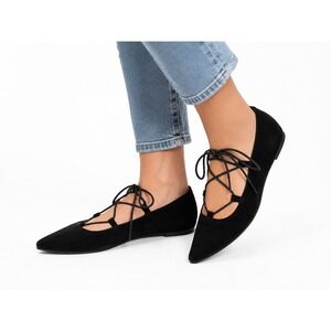 Chinese Laundry Black Suede Lace-Up Ballet Flats Pointed Toe Women's Size 9